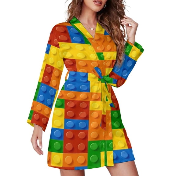 Building Blocks Construction Brick Night Robe Long Sleeve V Neck Robe With Belt Women's Sleepwear Dresses