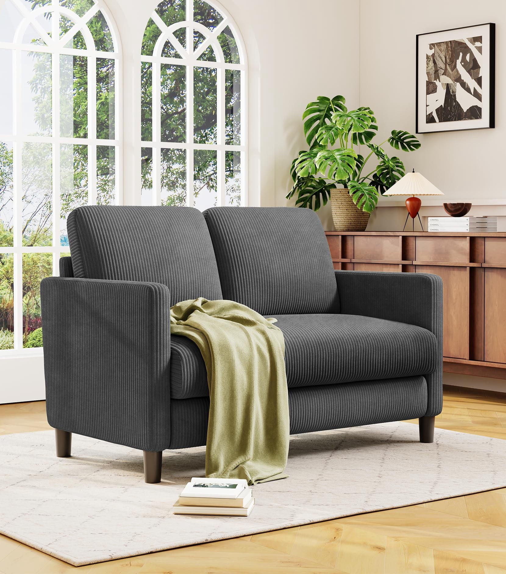 Welzona 51" Corduroy Loveseat Sofa, Small 2-Seater Couch for Small Spaces, Tool-Free Assembly, Grey