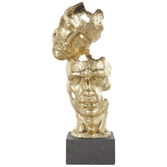 8" x 21" Gold Polystone Stacked Face Cutout Mask Sculpture with Black Block Base, by DecMode