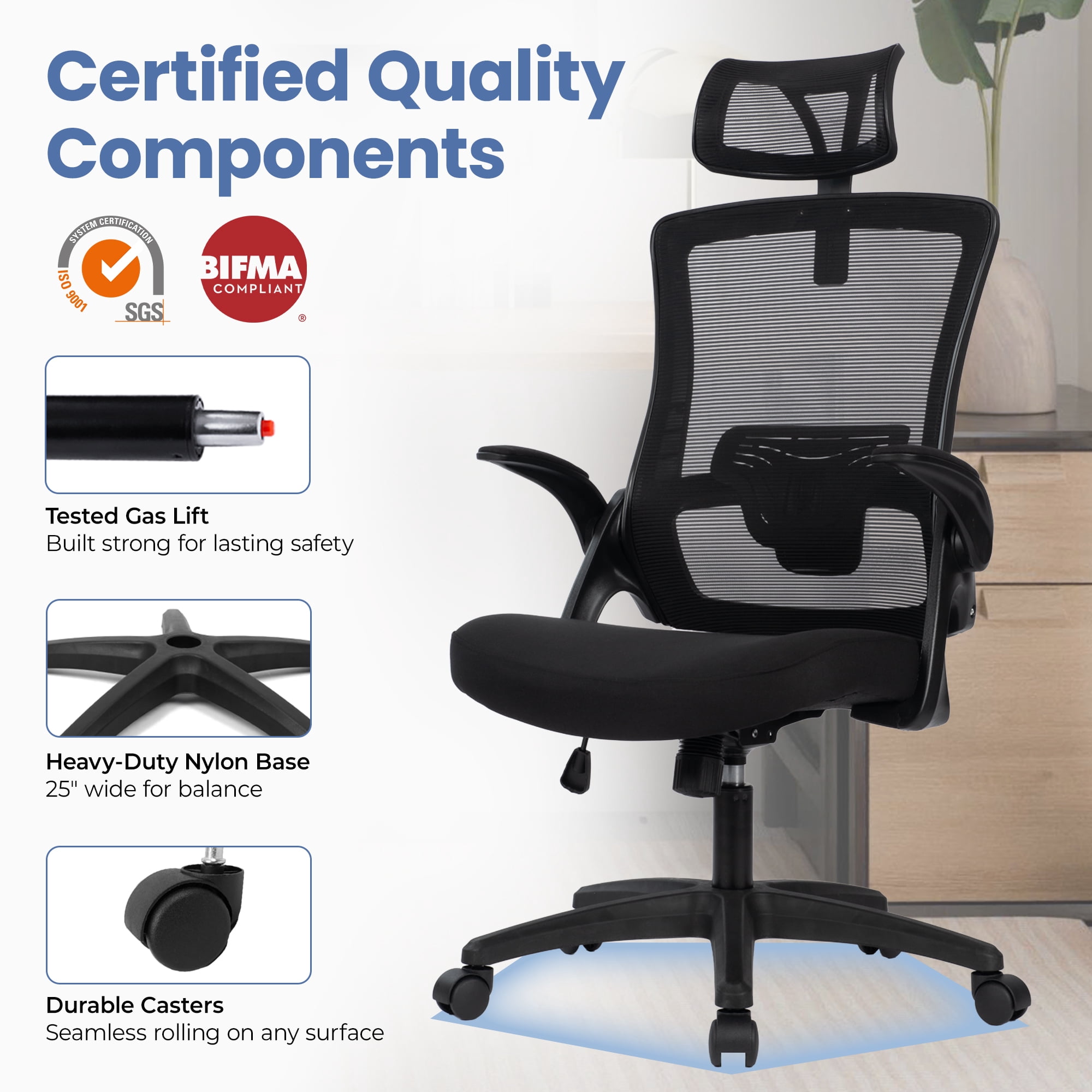 CELTOSS Ergonomic Office Chair, High Back Flip-Up Armrests Design, Adjustable Mesh Headrest and Lumbar Support, Black
