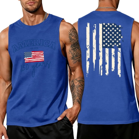 LNZGNM Mens Workout Tank Tops Plus Size USA Flag Sleeveless Shirts Muscle Graphic Patriotic Tank Tops Athletic Gym Tee Tops,Blue 4XL