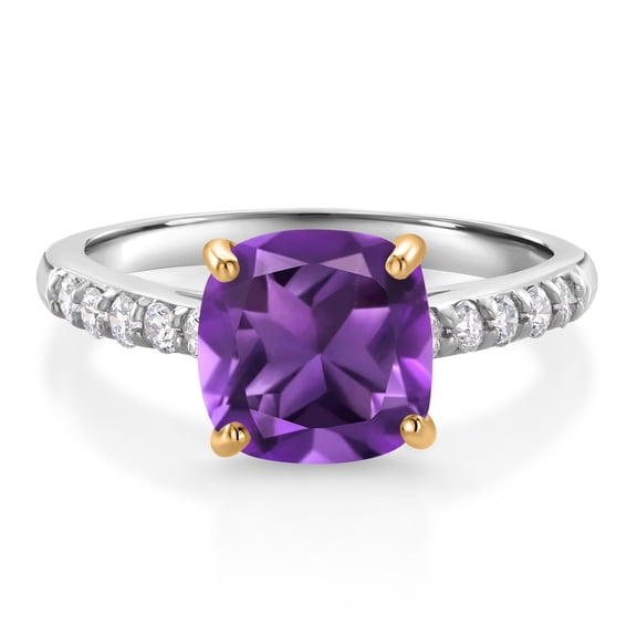 Gem Stone King 925 Sterling Silver and 10K Yellow Gold Purple Amethyst and White Lab Grown Diamond Engagement Ring for Women (2.30 Cttw, Cushion 8MM, Gemstone February Birthstone, Size 8)