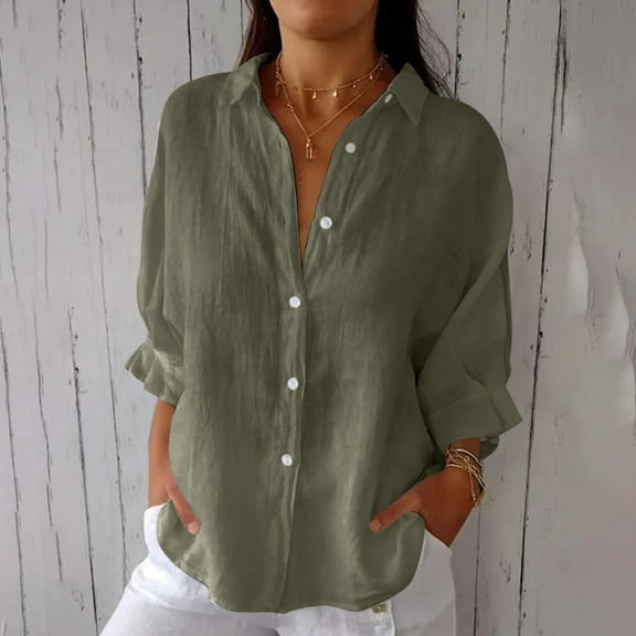 Basic T Shirts for Women Women's Fashion Solid Color 3/4 Sleeve Casual Lapel Back Top