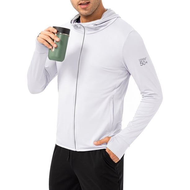 Chaqueta con capucha para hombre Cremallera completa Protección solar Manga larga con orificio Abanopi Blanco/M