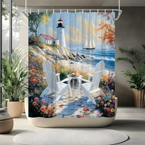 Nautical Coastal Lighthouse Shower Curtain,Boho Ocean Beach Lighthouse Seascape Beachy Abstract Shower Curtain Set,Sailboat Fabric Shower Curtain for Bathroom With Hooks-36"W x 72"L (Pack of 1)