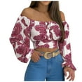 thumbnail image 2 of DPTALR Woman's Strapless Long Sleeve Print Off Shoulder Ruched Lantern Sleeve Crop Tops, 2 of 9