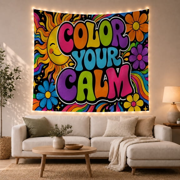 Rainbow Bubble Lettering on Black with Smiling Sun and Flowers, Energetic Psychedelic for Teen Girls, Mental Health Wall Art, Housewarming Gift Tapestry Wall Hanging for Bedroom and Dorm