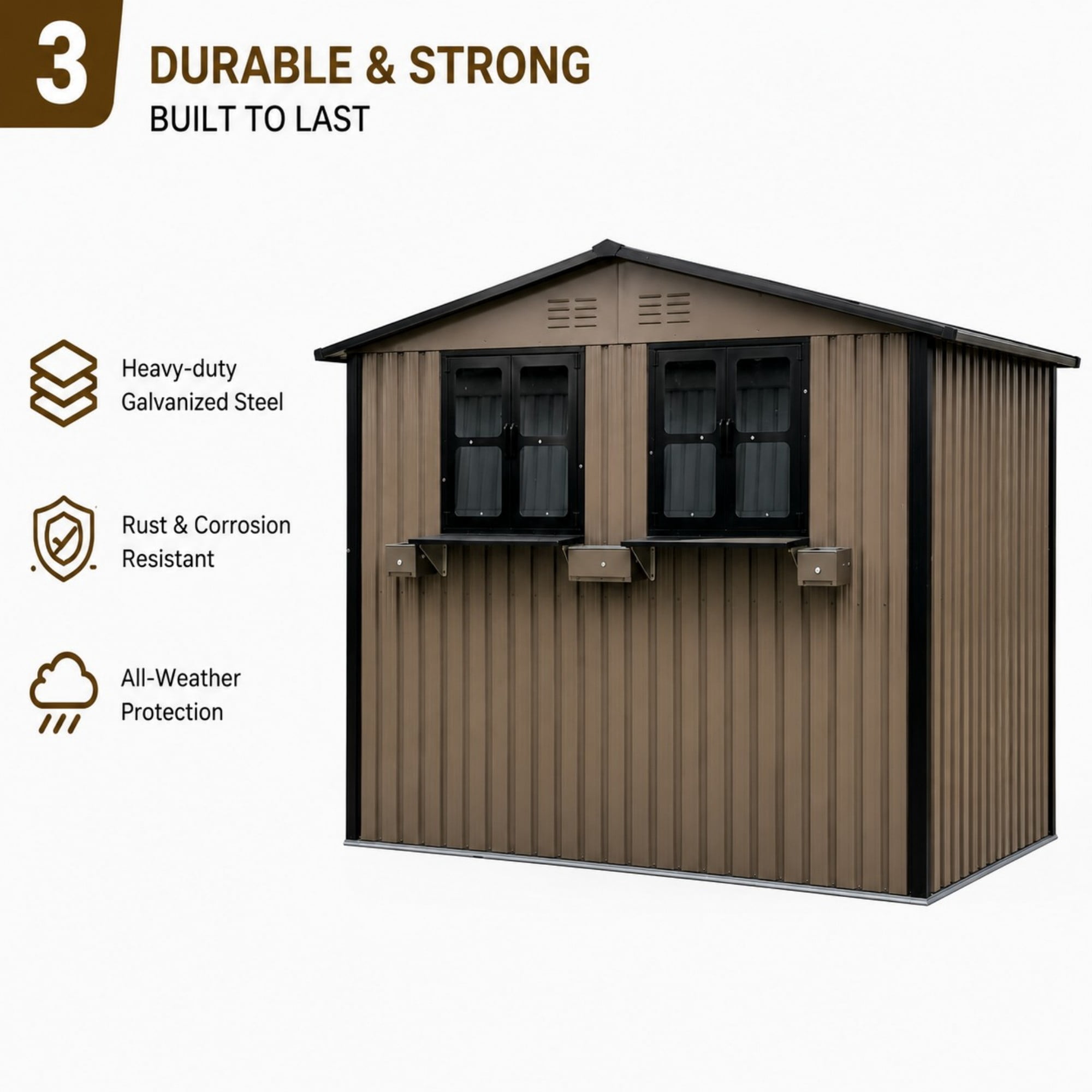 Aukfa 6x9 FT Metal Outdoor Storage Shed with Flower Rack&Lockable Doors, Waterproof Garden Tool Shed for Backyard Patio Lawn, Brown