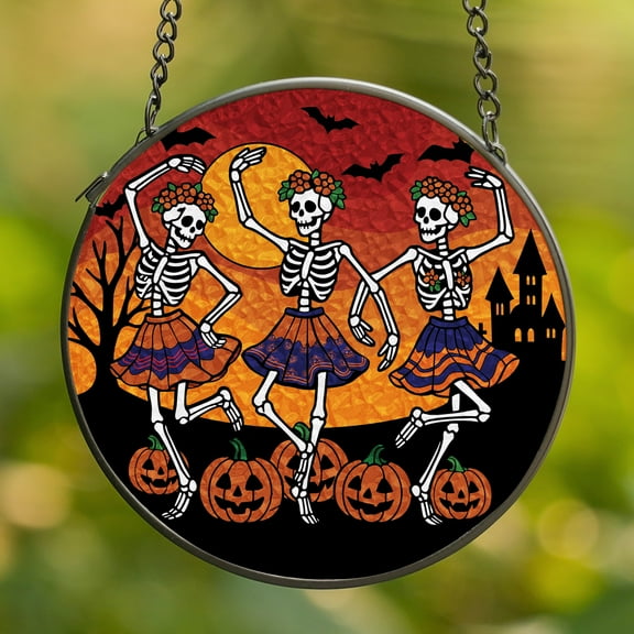 Lotusprinthandmade Funny Skeleton with Pumpkin Halloween Stained Glass Suncatcher for Window Hanging Cir4in, halloween skeleton window hanging