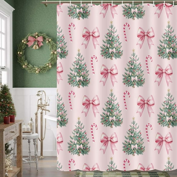 Whimsical Pink Christmas Holiday Shower Curtain Vintage Inspired Xmas Bath Curtain with Christmas Trees Playful Candy Canes Flouncy Bows, Cute Kawaii Coquette Aesthetic Festive Bathroom Decor 70X70IN