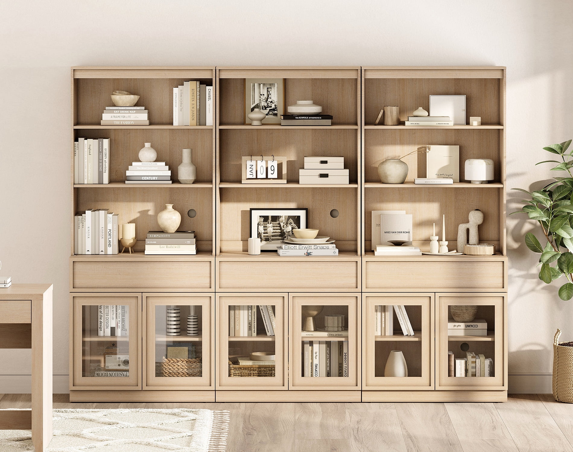 Modern 72" Tall Bookshelf with Glass Doors & Drawers, Library Bookcase with Storage Cabinet and Open Shelves,Beige