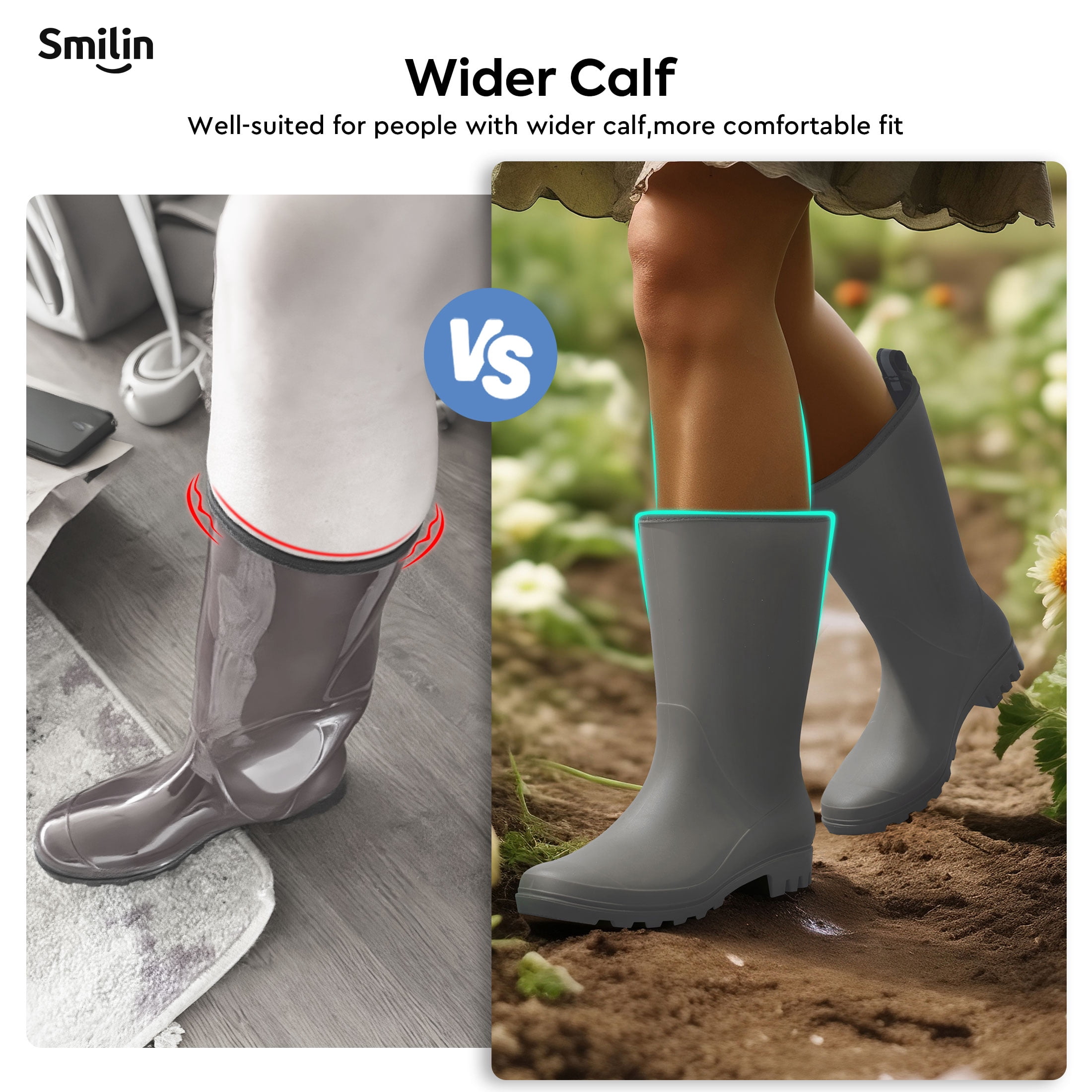 SMILIN Rubber Wide Calf Rain Boots for Women, Grey, Size 9