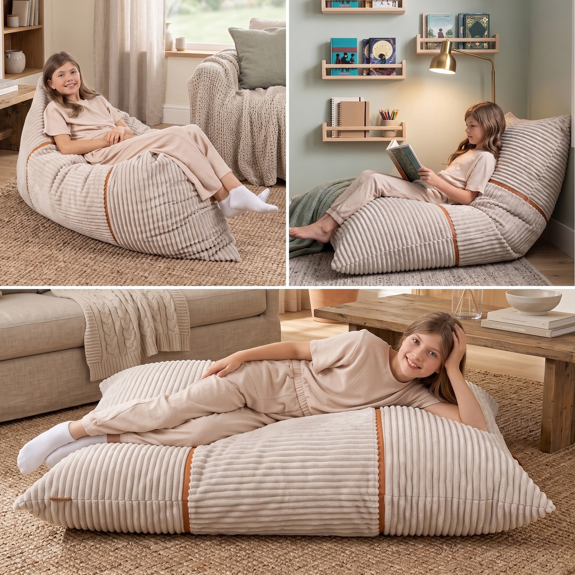 Big Joe Turnabout 3-in-1 Convertible Kids Bean Bag Chair, Vanilla Latte