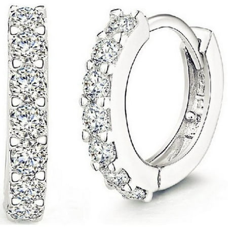ROSE Fashion Jewelry 925 Sterling Silver Rhinestones Hoop Diamond Stud Earrings for Women (1061 Silver)