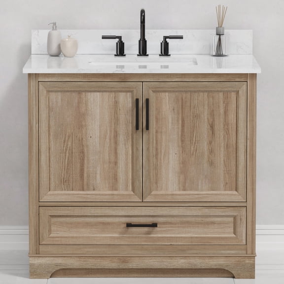 Retford 36" Single Bathroom Vanity, 37" W x 22" D x 34.5" H, Carrara White Engineered Marble Top with Sink & Backsplash, Light Wood, MDF, Pre-Assembled, Soft-Closing Drawer and Doors.