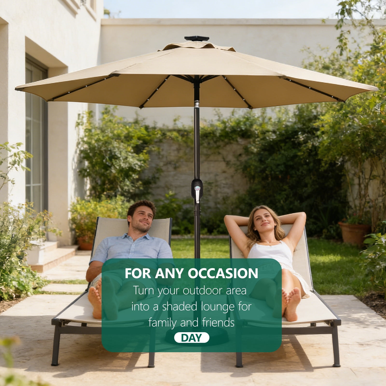WLLJOY 9ft Solar Patio Umbrella, Tilt Adjustment LED Outdoor Umbrella with 8 Reinforced Ribs for Garden, Backyard, Pool, Khaki