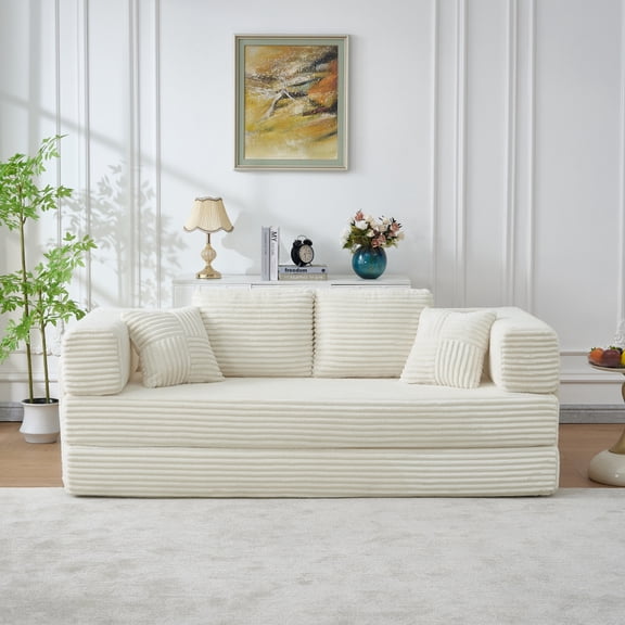 Convertible Sleeper Sofa Bed - Soft Corduroy Folding Mattress Couch with Cylindrical Pillow - Versatile 2 Seat Floor Sofa Lounge for Living Room, Bedroom, and Studio - Elegant Ivory Design for Maximu