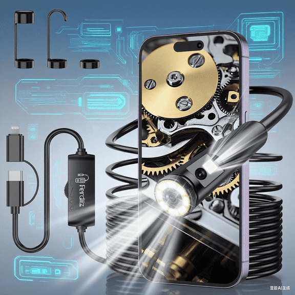 [Dual Lens] Endoscope Camera with Light, 1920P HD Borescope with 8 Adjustable LED Lights, Borescope with 32.8ft Semi-Rigid Snake Camera with Light, 7.9mm IP67 Waterproof, Suitable for iOS and Android