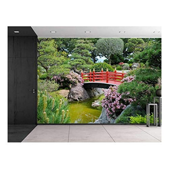 wall26 - Red Bridge Over a Lake Surrounded by Beautiful Trees - Wall Mural, Removable Sticker, Home Decor - 100x144 inches