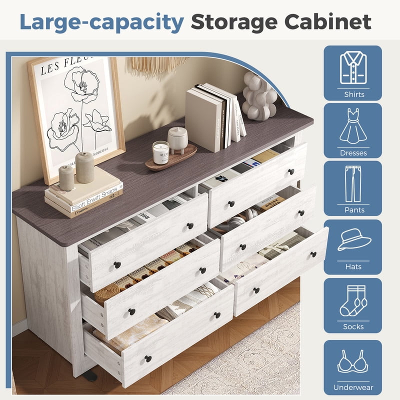 Gianna Dresser for Bedroom with 6 Drawers 59 Inch Chest of Drawers Wooden Dressers for Closet Living Room，White