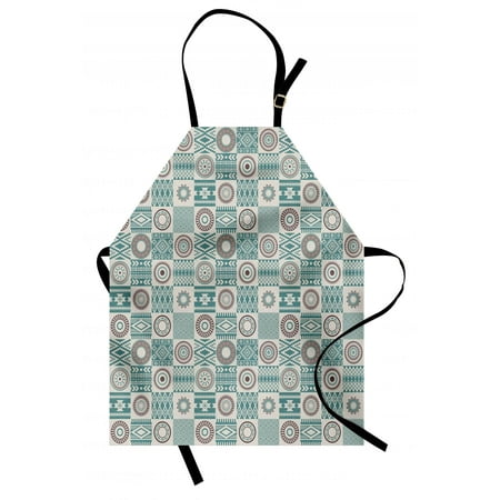 - Afghan Apron Checkered Squares with Ethnic Motifs Rhombuses Circles and Stripes, Unisex Kitchen Bib Apron with Adjustable Neck for Cooking Baking Gardening, Ivory Brown and Slate Blue, by Ambesonne