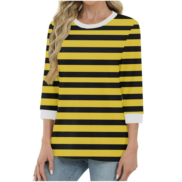 Soki Womens 3/4 Sleeve Striped Crewneck T-Shirts Color Block Short Sleeve Tops Casual Basic Tee