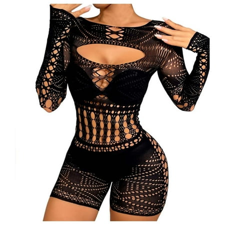 BYHONG Women s Sexy Sheer Fishnet Bodysuit High Stretch Lace Hollow Out Lingerie Women s Underwear Black One Size