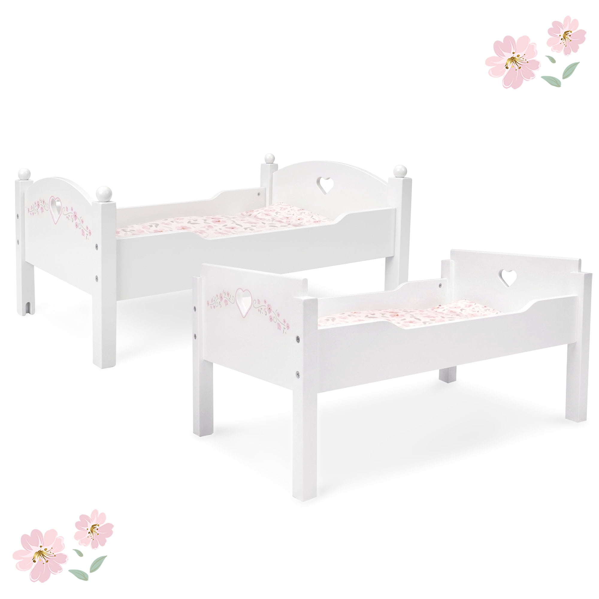509 Crew: Petit Flora - Wooden Doll Bunk Bed - White-Pink-Flowers, Convertible to Single Beds, Blankets & Pillows, Doll Sleep Accessory Toy, Kids 3+