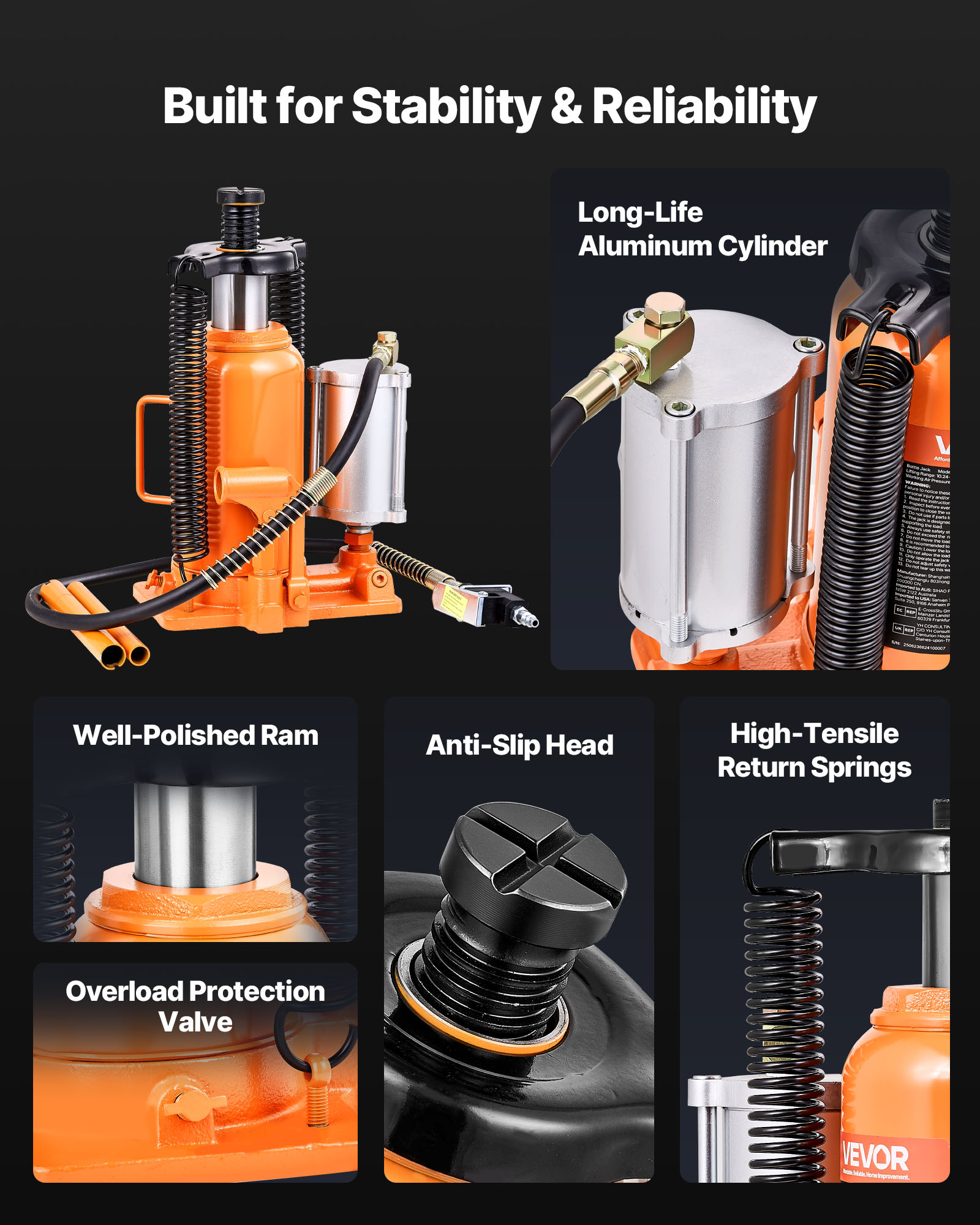 VEVOR Air Hydraulic Bottle Jack, 20 Ton (44092 lbs) Capacity, 10.2-19.5 Inch Lifting Range, Pneumatic/Manual Heavy Duty Welded Bottle Jack with Pump