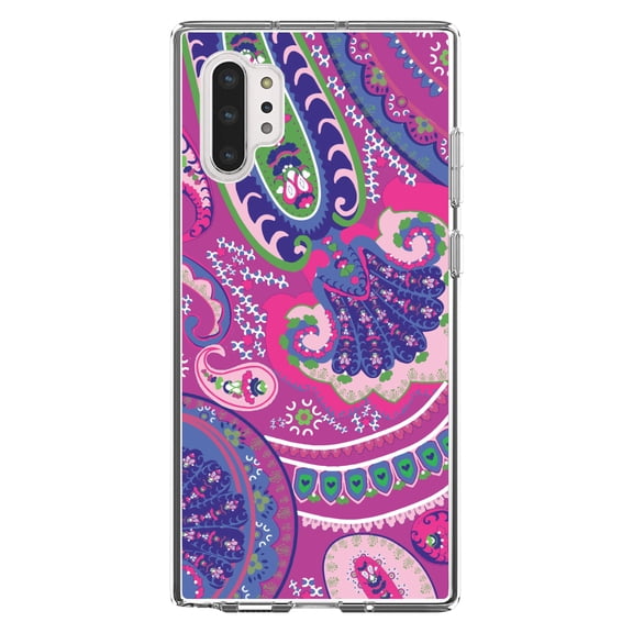 DistinctInk Clear Shockproof Hybrid Case for Galaxy Note 10 PLUS (6.8" Screen) - TPU Bumper, Acrylic Back, Tempered Glass Screen Protector - Pink Purple Green Paisley