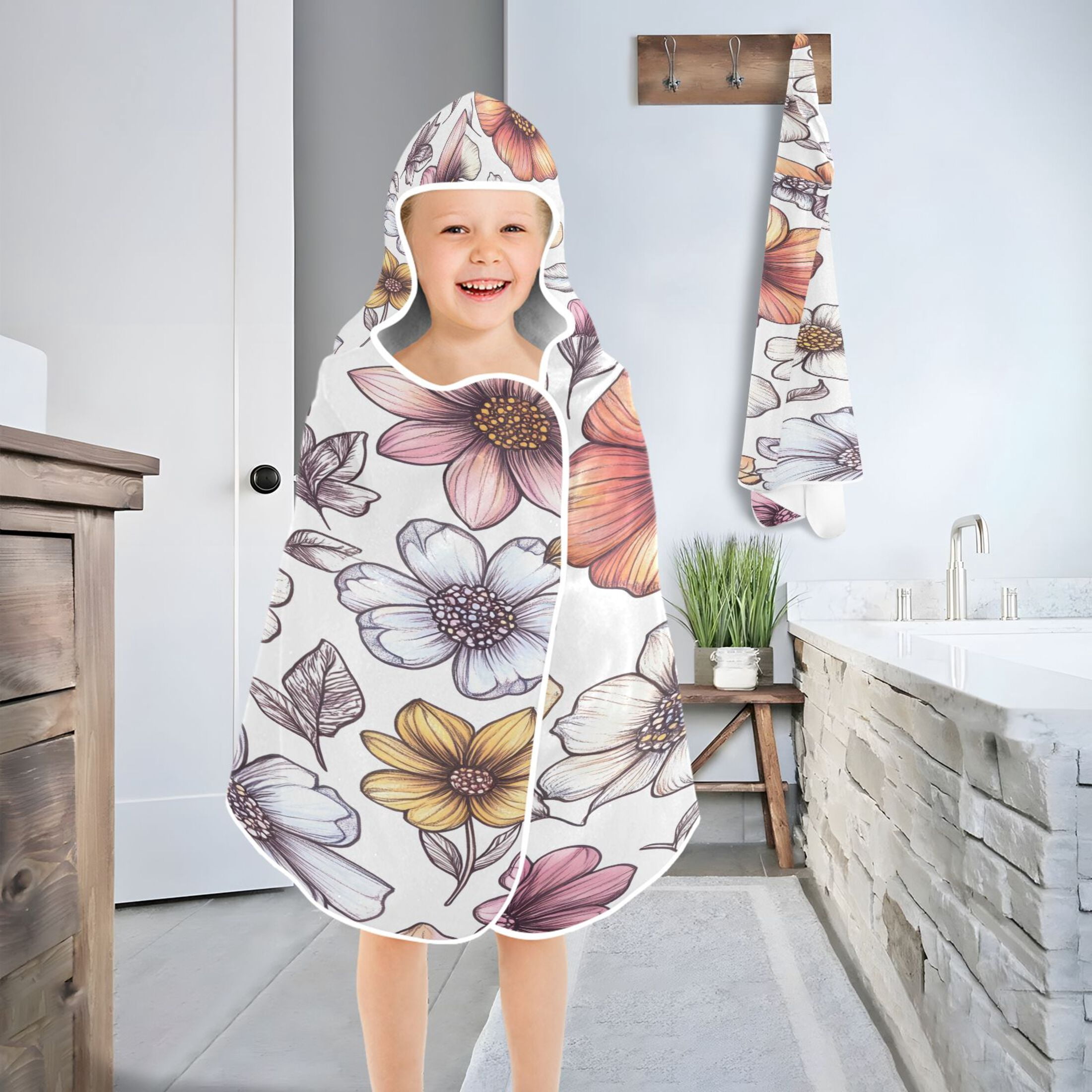 Colorful Flowers 50x23.5" Baby Hooded Bath Towel Poncho, Quick-Dry and Triangle Pocket, Kids' Essential