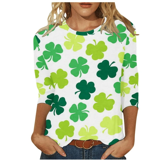 cfhntfmh Chemise de la Saint-Patrick pour Femmes Grande Taille Blouse Imprimée Manches 3/4 Col Rond Mode 2025