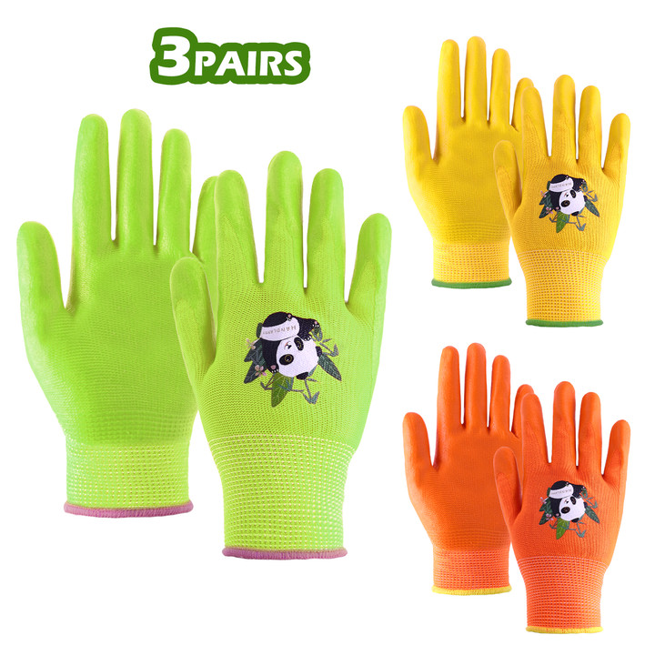 HANDLANDY 3 Pairs Candy Colors Nitrile Coated Kid Garden Gloves, Latex
