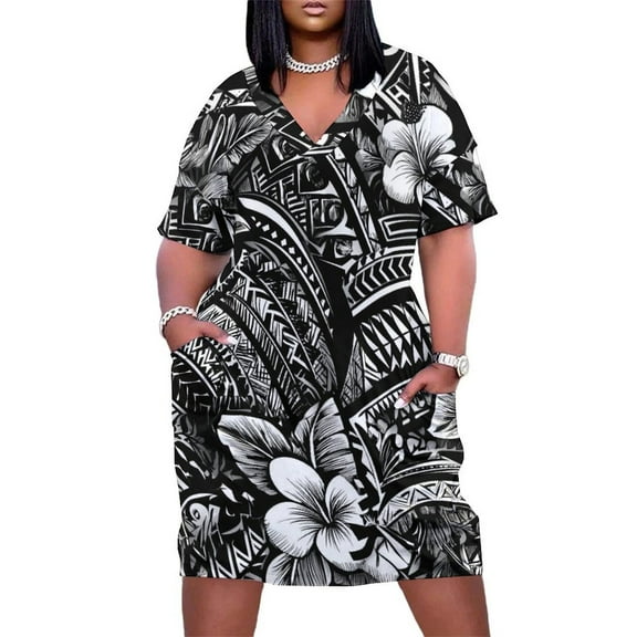 Black And White Floral Tribal Pattern Women's Loose Short Sleeve Dress Casual Summer Plus Size Long Dresses with Pockets