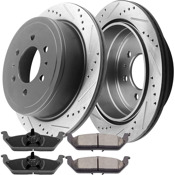 MotorbyMotor Rear Brake Rotors & Brake Pad Kit 348mm E-Coating Drilled & Slotted Design Fits for 05-11 Ford F-150, 06-08 Linclon Mark LT (6 Lug Models ONLY) Fits select: 2004 FORD F150 SUPERCREW