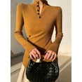 thumbnail image 5 of Women'S Knit Basic Sweater Elegant Stand Collar Button Slim Fit - Slit Long Sleeve Pullover Tops Orange Color S, 5 of 7