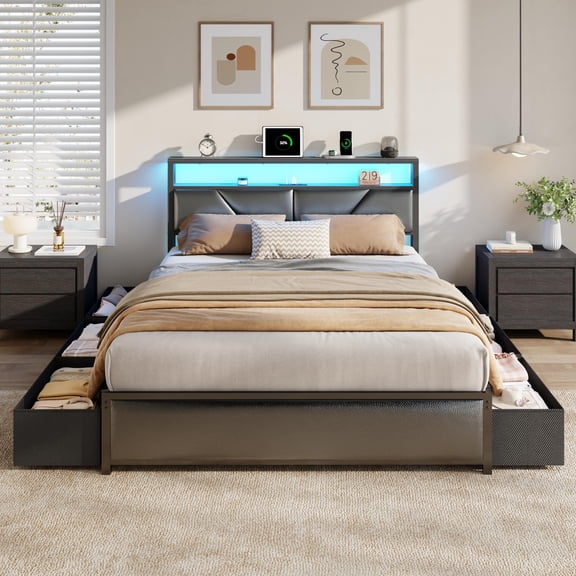 Satifur Queen Bed Frame with 6 Storage Drawers, Metal Platform Bed Frame with 2-Tier Storage Upholstered Headboard & LED, Built in Charging Station, Noise-Free, No Box Spring Needed, Black