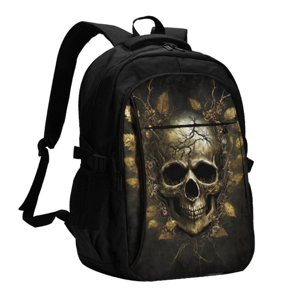 Fotbe Vintage Gold Leaf Skull Mochila con Estampado y Puerto USB para Hombre y Mujer, Mochila Antirrobo, Mochila de Viaje, Mochila Escolar, Mochila Universitaria