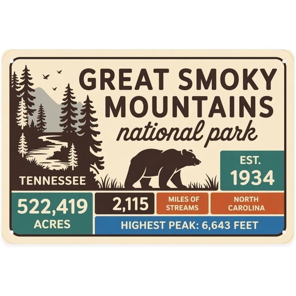 Vintage National Park Landscape Metal Tin Sign, Great Smoky Mountains Print, Wall Art for Home Garden Yard Porch Bar Decor, 8 x 12 in