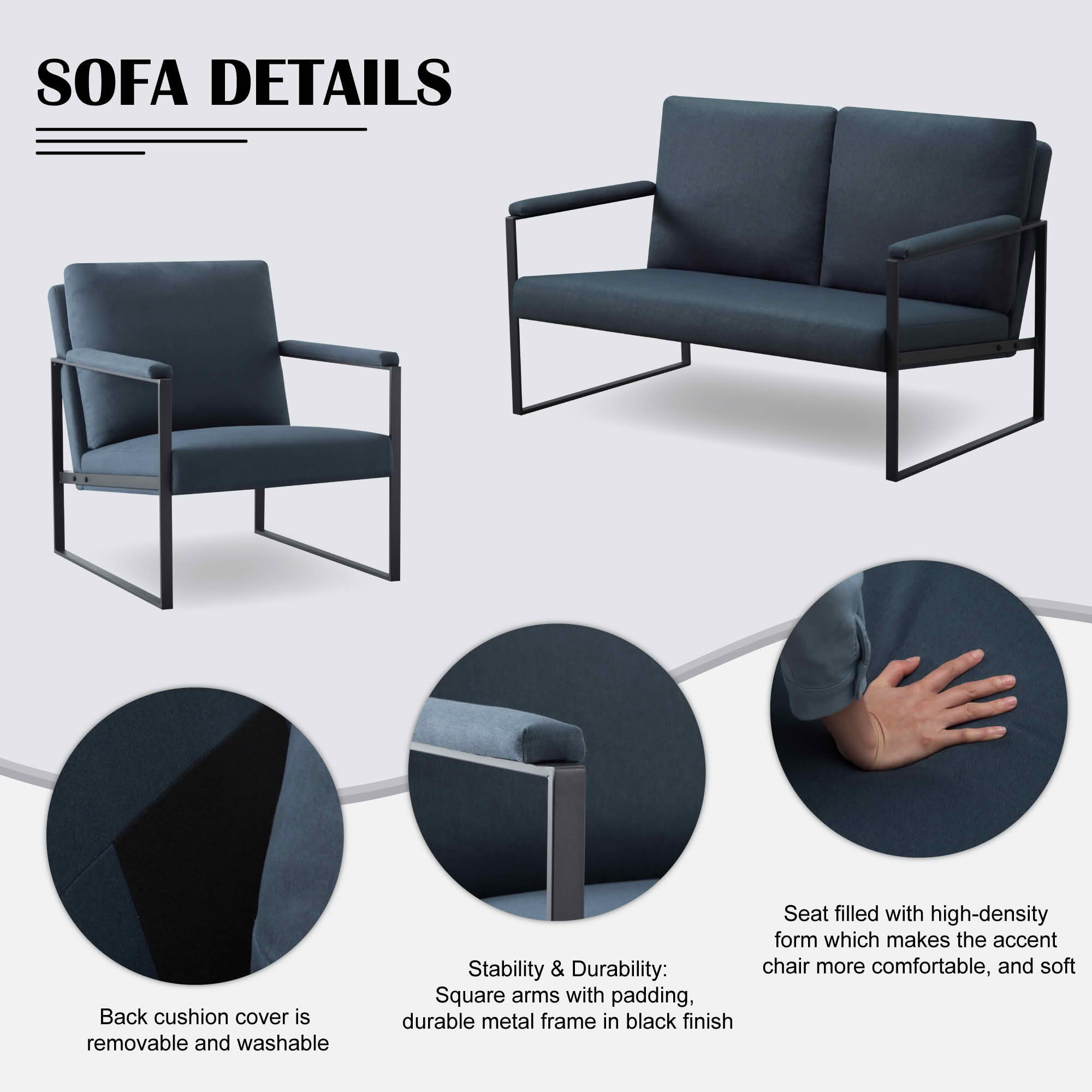 MAYEERTY 26.8 Inch +49.2 Inch 2 Pieces Accent Armchair - Padded Square Arms, Sturdy Metal Frame, Compressed Cushions，