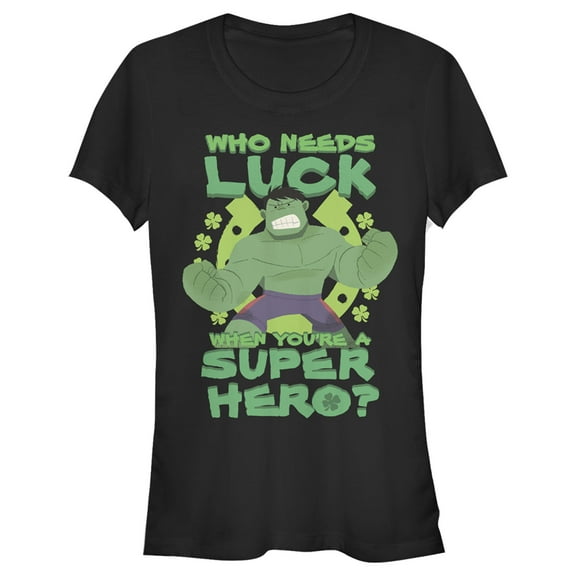 Junior's Marvel St. Patrick's Day Hulk Who Needs Luck  Graphic Tee Black Small