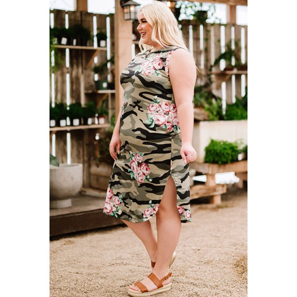 ABPHQTO Vestido largo sin mangas floral de camuflaje verde talla grande para mujer
