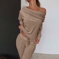 thumbnail image 2 of SELONE Lounge Sets for Women Two Piece Outfits Dressy Summer Long Sleeve Cold Shoulder Solid Top Long Pants 2 Piece Casual Set 28-Khaki XXXXL, 2 of 4
