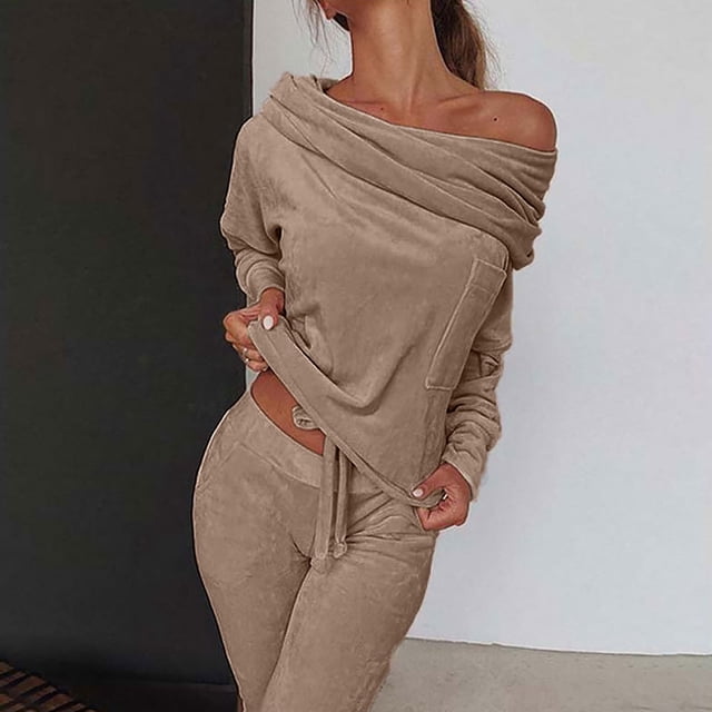 Puntoco Conjunto casual de 2 piezas de pantalones largos con top liso y hombros descubiertos de manga larga para mujer Puntoco Puntoco-3707
