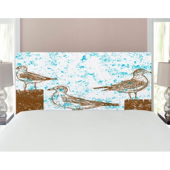 Seagulls Headboard, Gulls Resting on Wooden Pillars Grungy Sketched Print with Abstract Backdrop, Upholstered Decorative Metal Bed Headboard with Memory Foam, Full Size, Blue White Brown, by Ambesonne