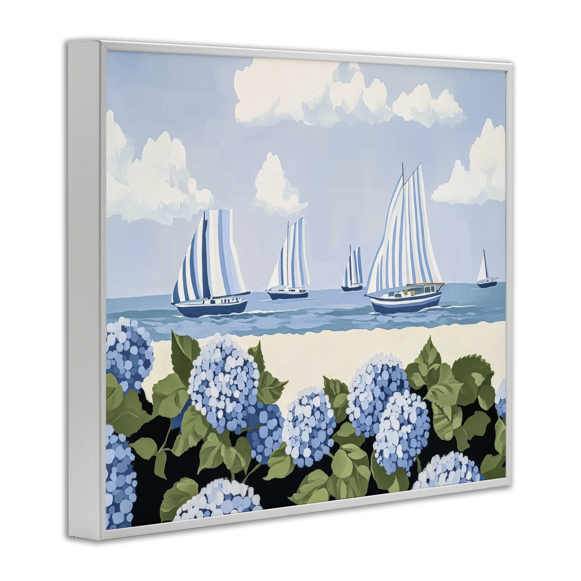 Stupell Industries Striped Sails & Seaside Hydrangeas White Framed Giclee Art, design by Sisi and Seb