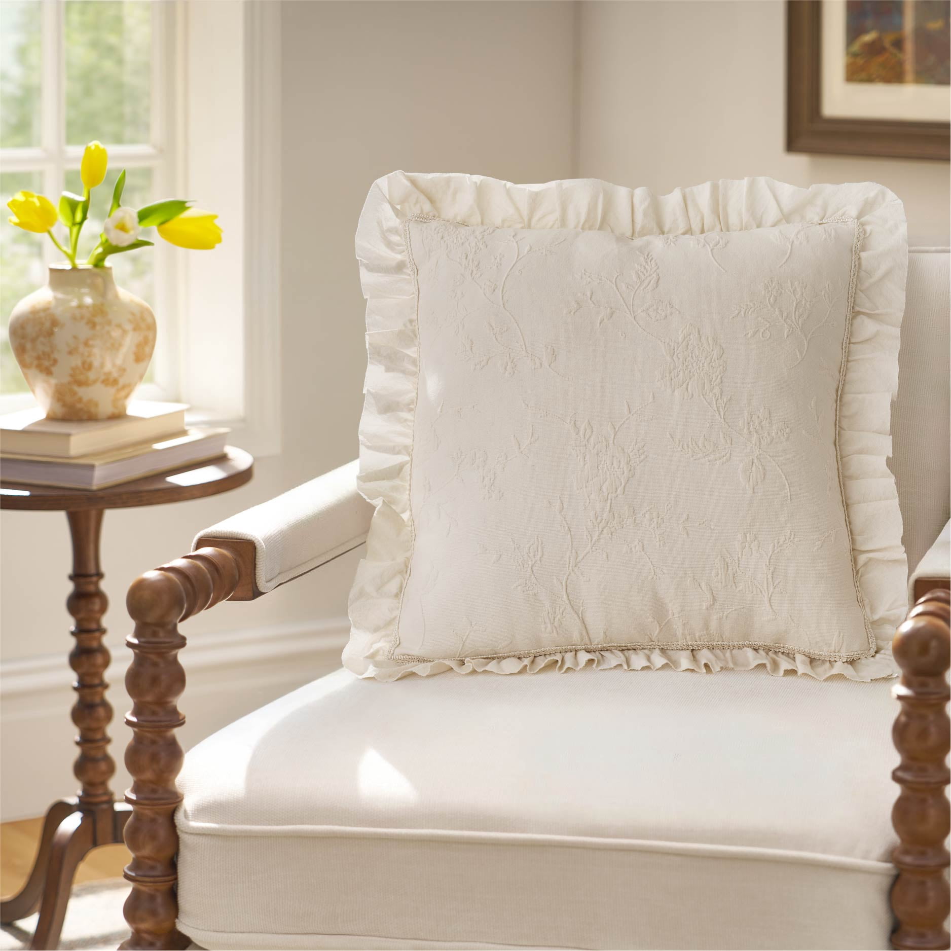 The Pioneer Woman Cream Matelassé Floral Crochet Ruffle Decorative Pillow, 20 in x 20 in