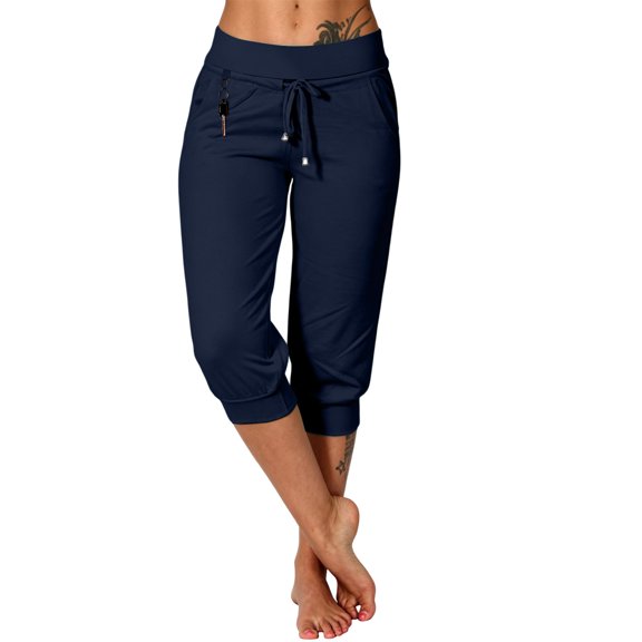 Oiangi Women's Capri Joggers with Pockets High Waist Stretch Capris Cinch Bottoms Drawstring Workout Pants Navy XL