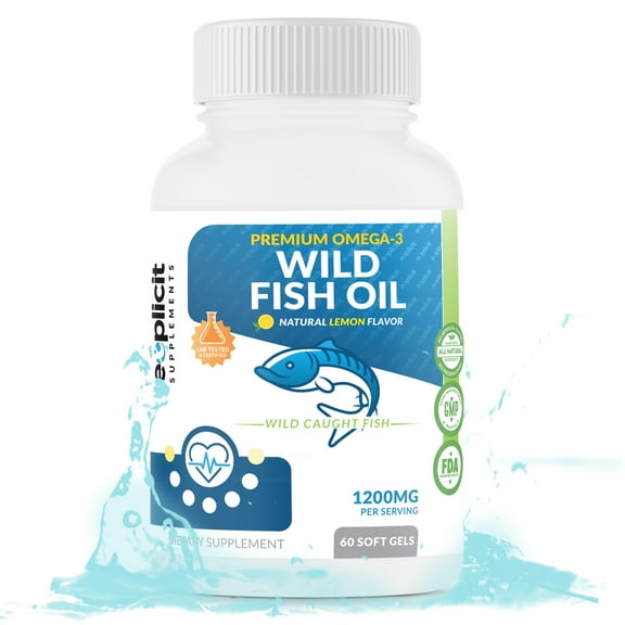 Wild Fish Oil Omega 3 - EPA/DHA - Burpless, Lemon Flavored Non-GMO, Gluten & Soy Free - 1200mg per Serving, 60 Servings, 60 Capsules