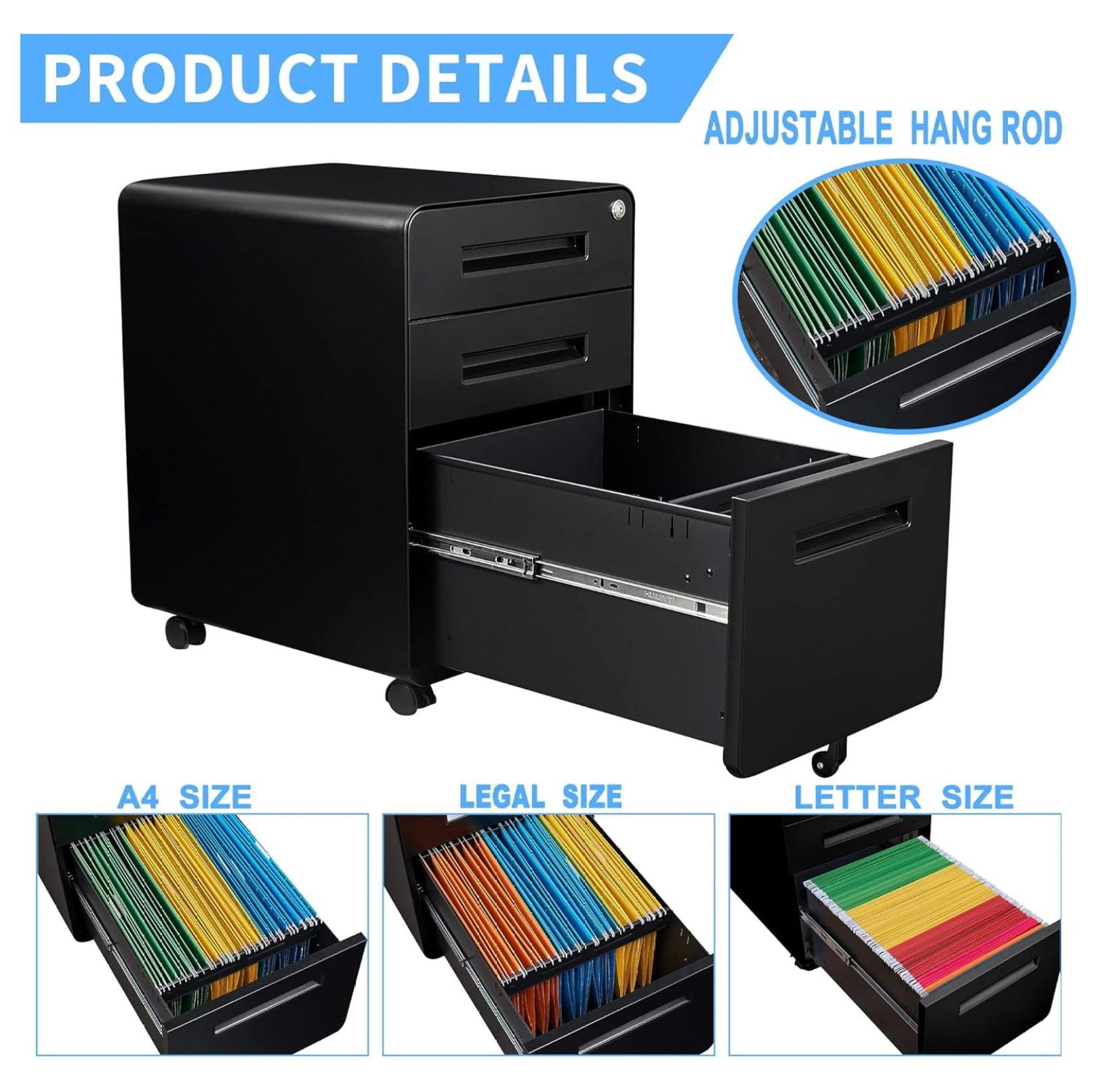 WDZS File Cabinet, 3 Drawer Filing Cabinets for Home Office with Lock Mobile Under Desk Fully Assembled Cabinet (Black)